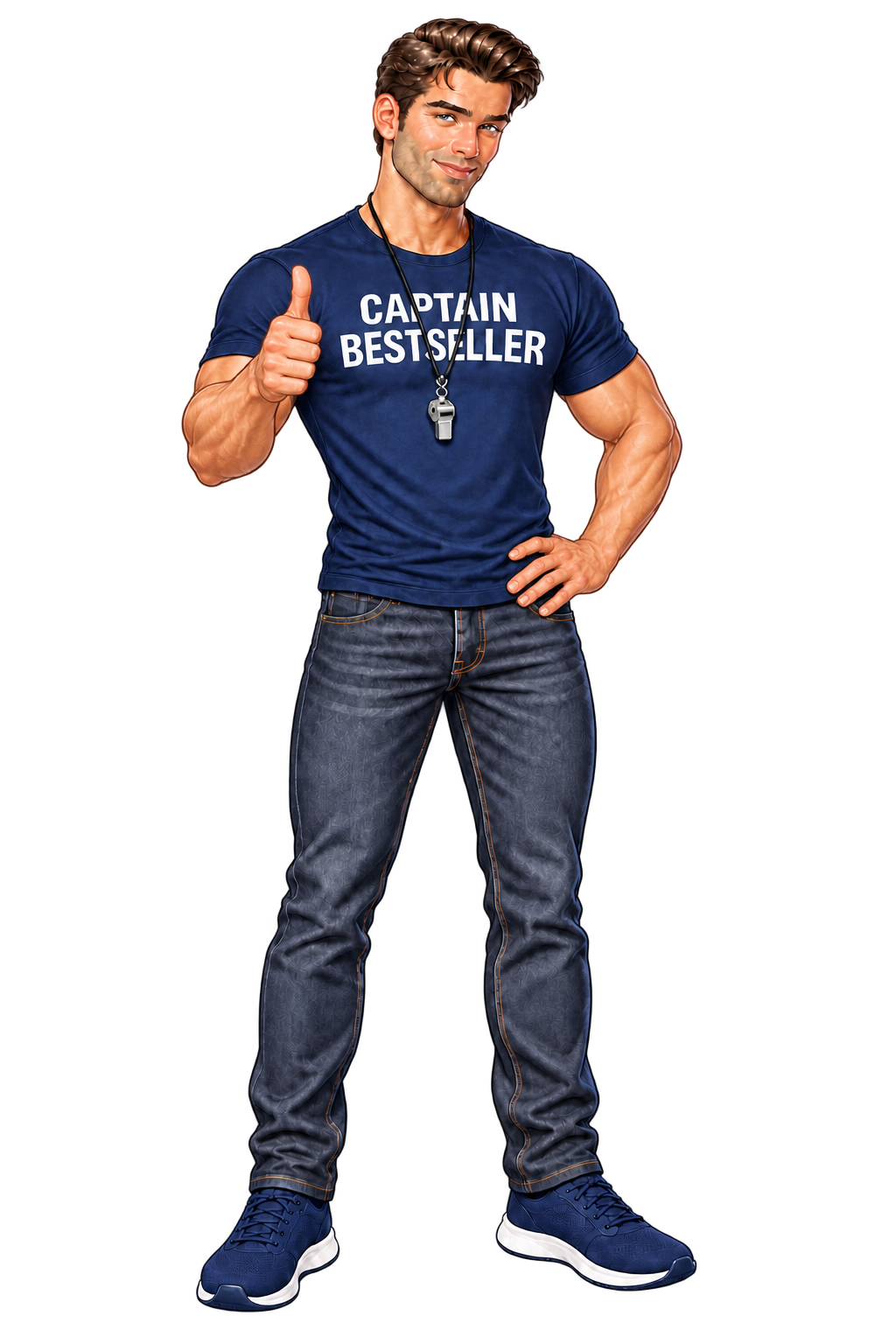 Captain Bestseller smiling and giving a thumbs-up