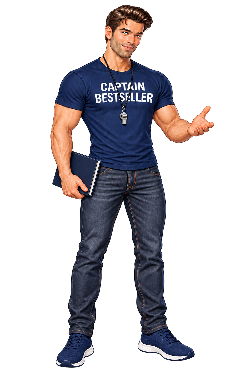 Captain Bestseller standing full length, holding a notebook and offering a welcoming hand