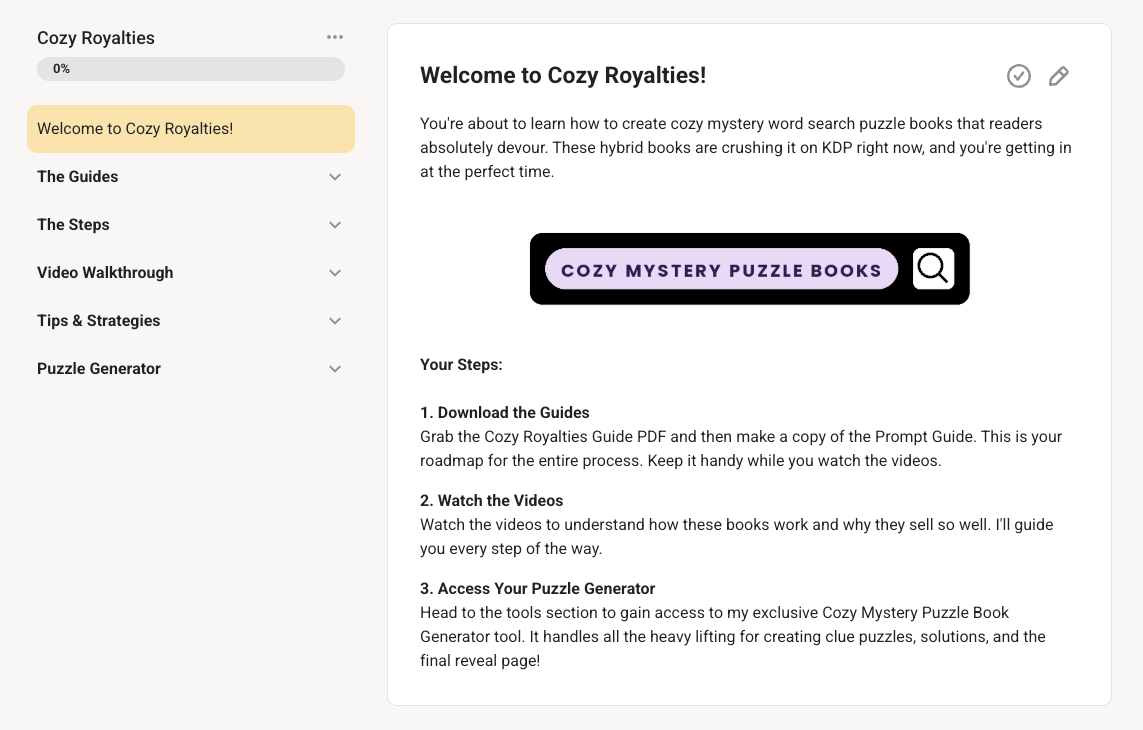 Cozy Royalties course interface inside Skool, showing the welcome page and section navigation