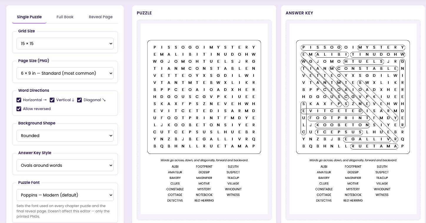 Cozy Mystery Puzzle Book Creator interface, showing the puzzle generator with a sample 15x15 grid and answer key