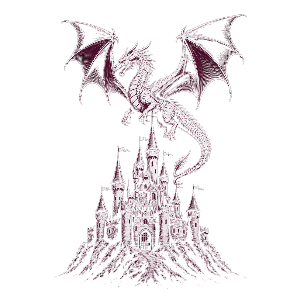 A dragon rising over a castle