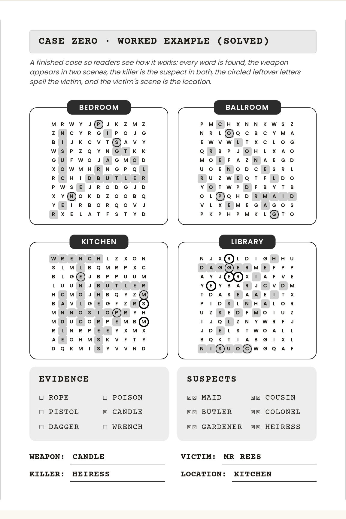A finished, solved Killer Royalties puzzle page