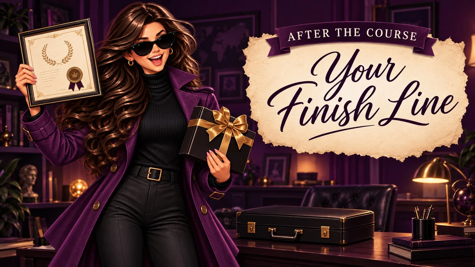 Agent K celebrating with a certificate and a gift: After the Course, Your Finish Line