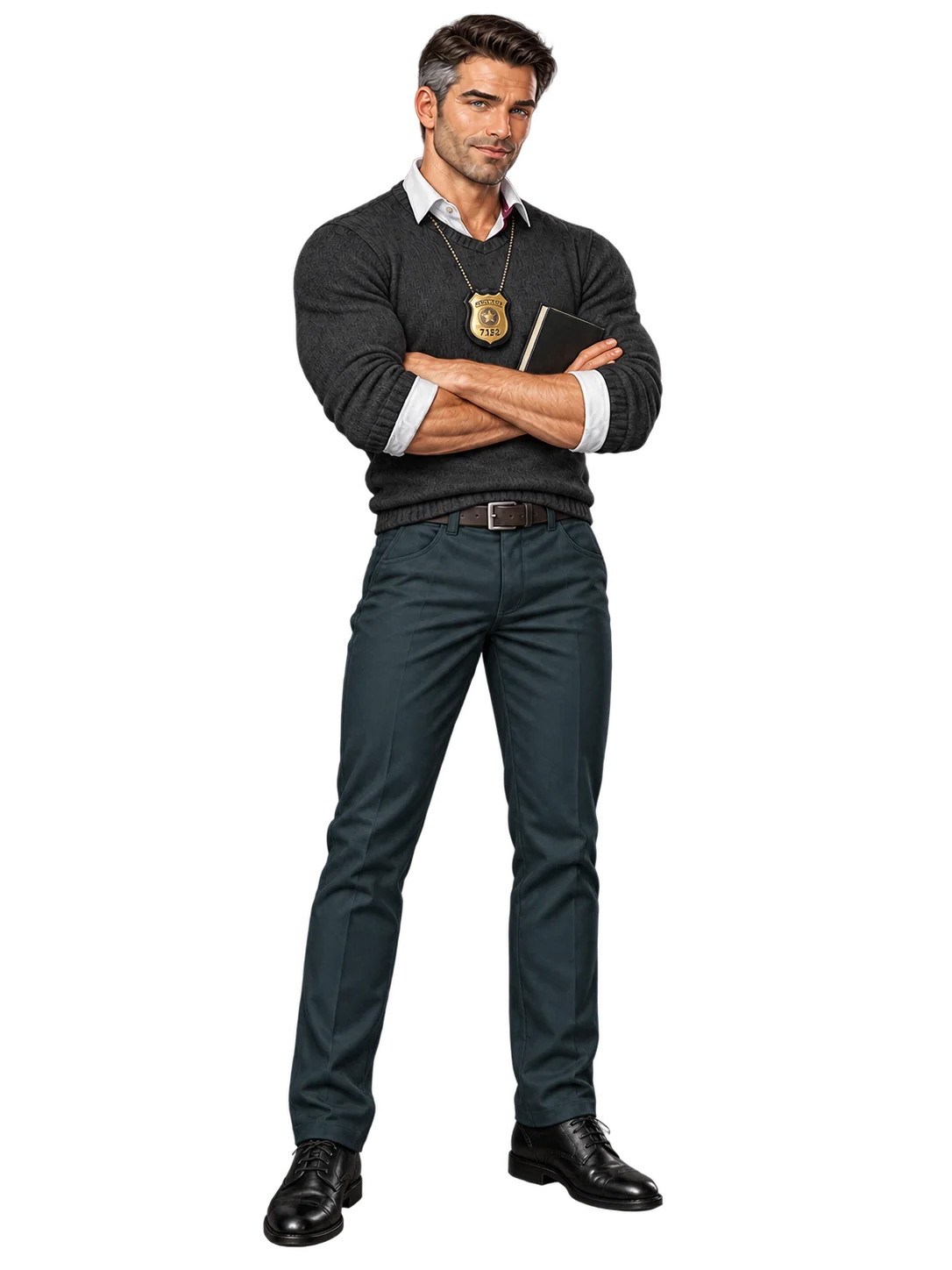 Detective Marx holding a book, shown full length